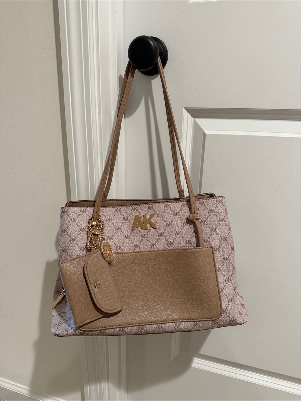 Anne Klein Pink & Tan Logo Shoulder Bag with Front Pocket